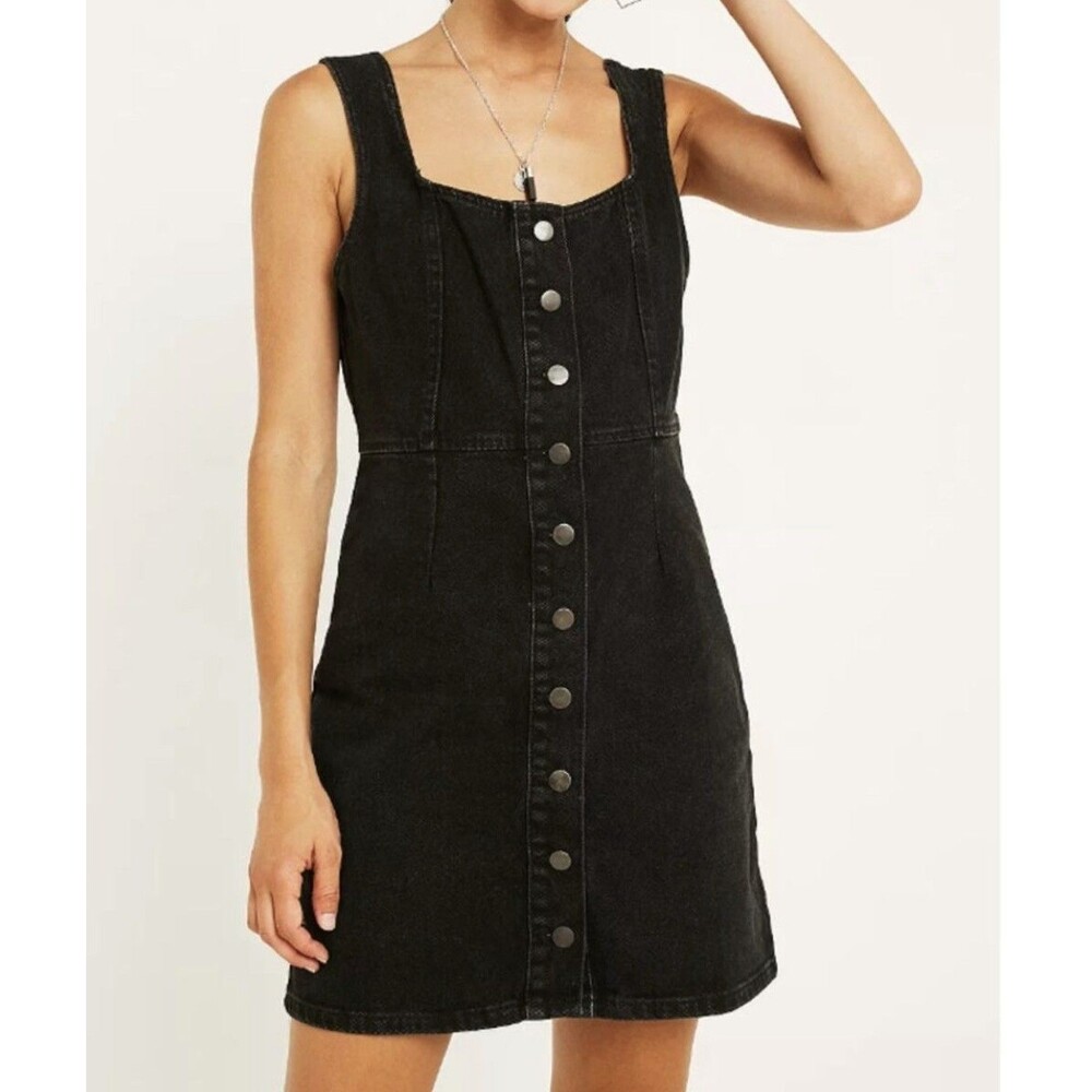 Urban Outfitters Jean Denim Mini Dress Overalls Black Button Down Size 6